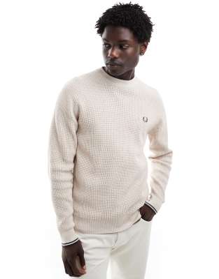 waffle stitch knit sweater in off-white