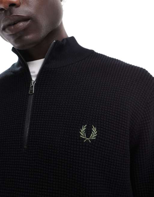 Fred Perry waffle stitch knitted half zip jumper in black | ASOS