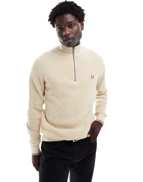 Fred Perry waffle stitch knitted half zip jumper in light beige - view 1