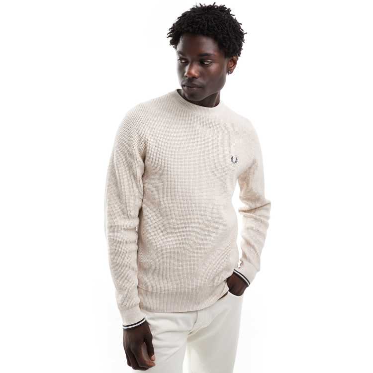 Fred Perry waffle stitch knitted jumper in off white | ASOS