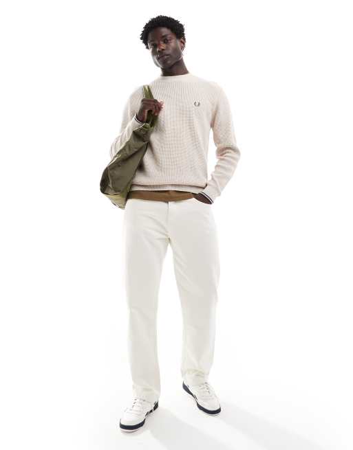 Fred Perry waffle stitch knitted jumper in off white | ASOS