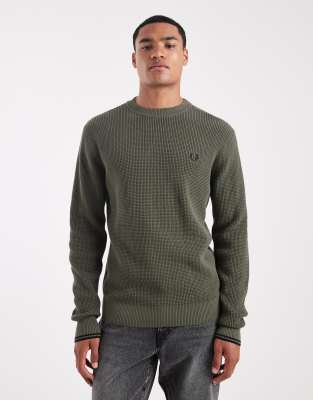 Fred Perry Waffle Sweater In Green