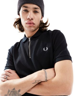 Fred Perry waffle texture zip up polo shirt in black - ASOS Price Checker