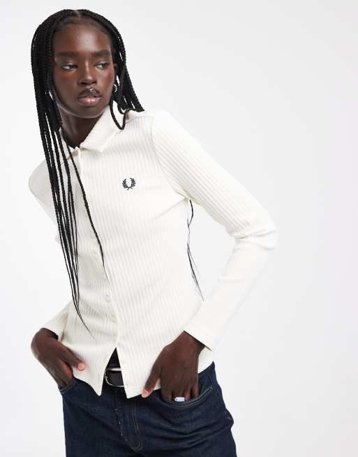 Fred Perry wide rib button through long sleeve polo shirt in ecru, 3 of 4