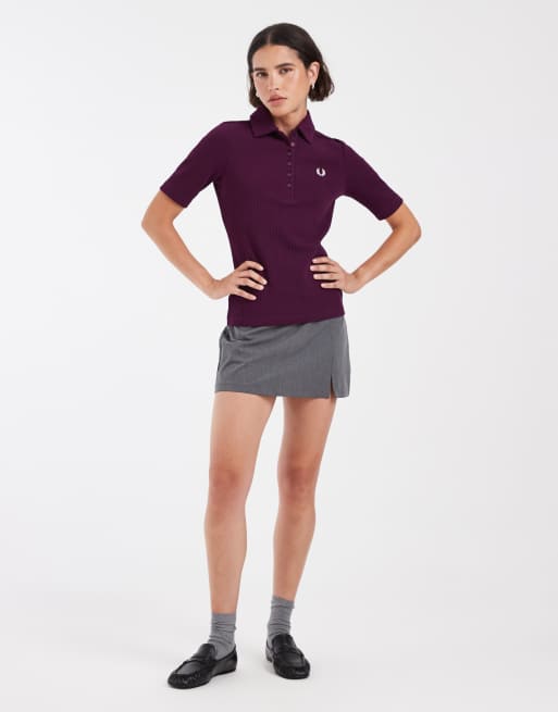 Fred Perry wide rib polo shirt in plum, 3 of 4