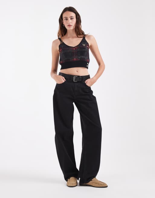 Fred Perry x Amy Winehouse knitted tartan logo crop cami top in black and red, 3 of 4
