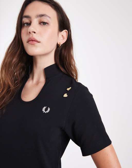 Fred Perry x Amy Winehouse short sleeve keyhole logo mini dress in black, 4 of 4