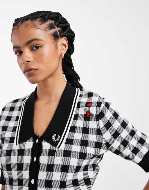 Fred Perry x Amy Winehouse – Svartvit, ginghamrutig, stickad skjorta med logga, 2 av 4