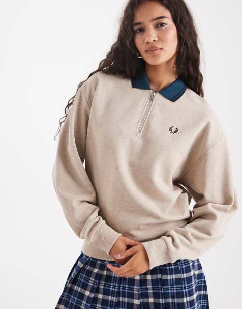 Fred Perry zip neck collar sweatshirt in beige