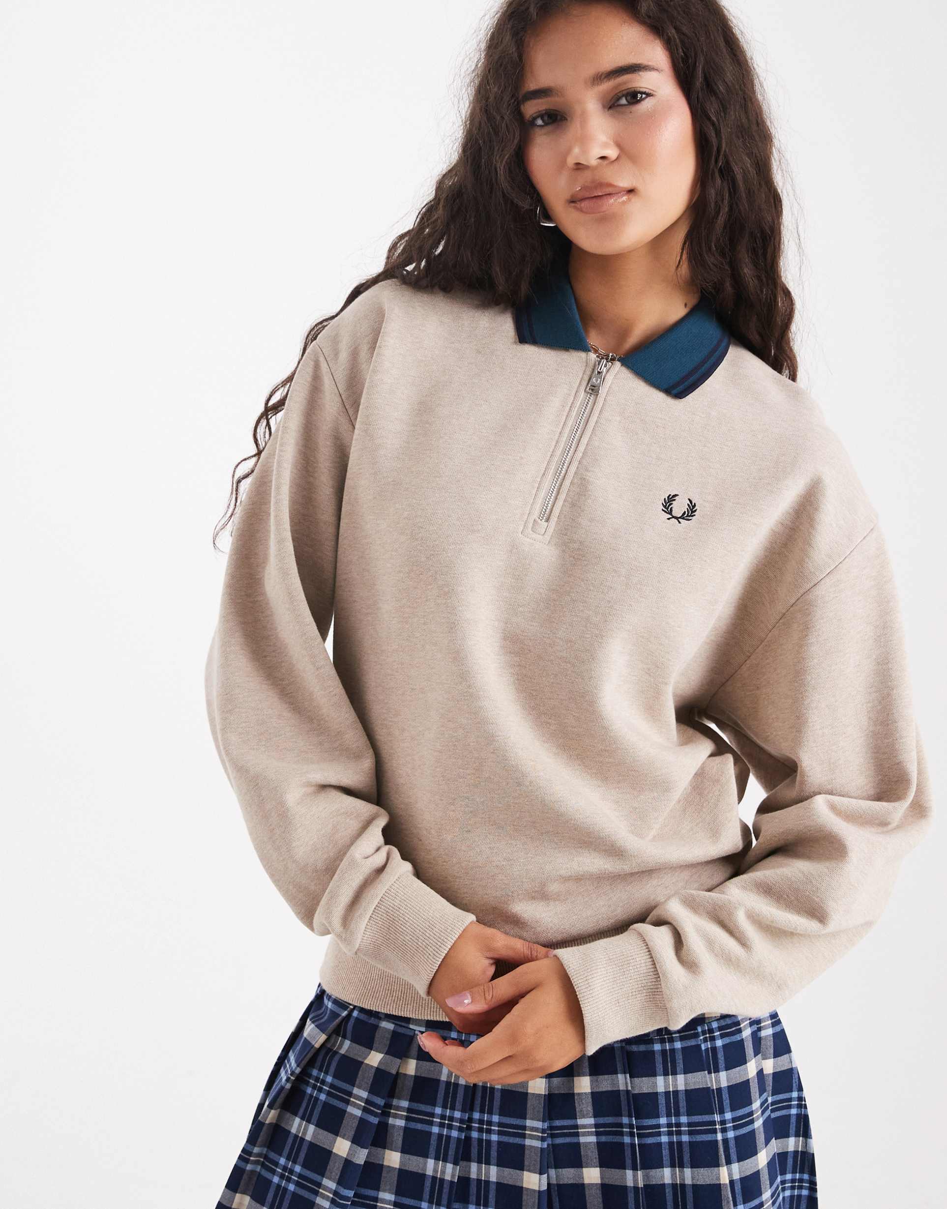 fred perry zip neck collared sweatshirt in beige