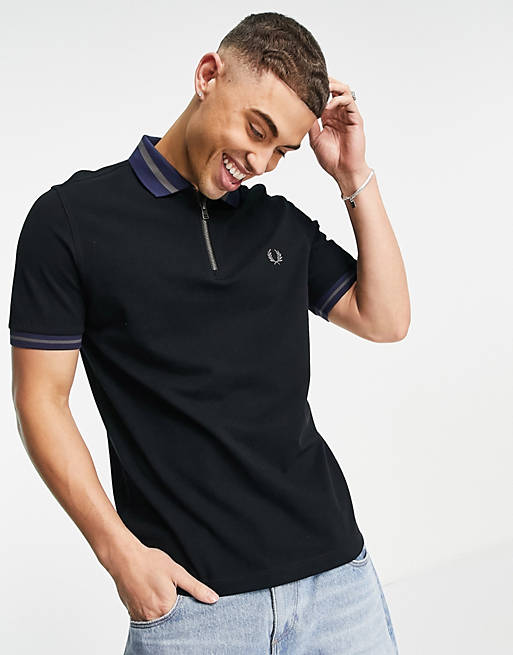 Men Fred Perry zip neck polo in black 