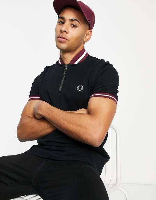 Fred Perry zip neck polo with stripped cuff in black | ASOS