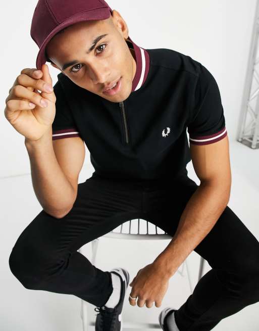 Fred Perry zip neck polo with stripped cuff in black ASOS