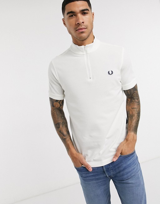 Fred Perry zip neck striped polo shirt in white