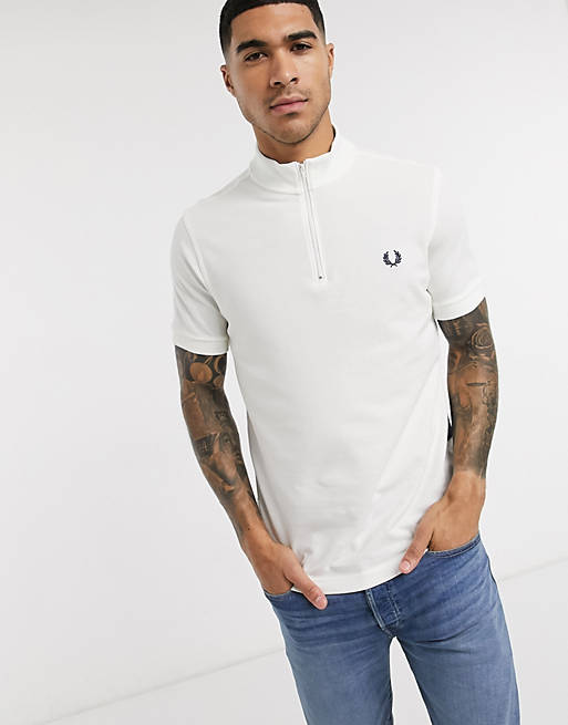 Speel Parameters glans Fred Perry zip neck striped polo shirt in white | ASOS