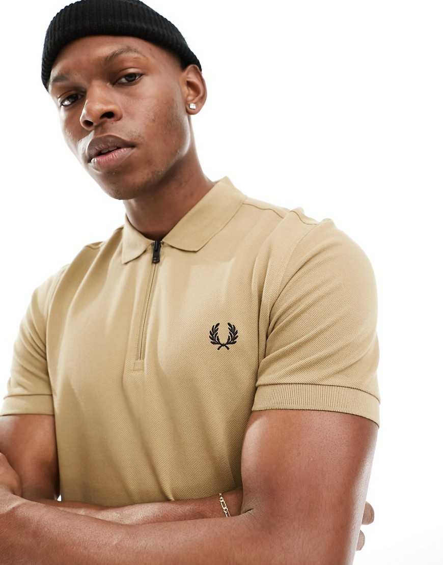 Fred Perry zip polo shirt in beige-Neutral