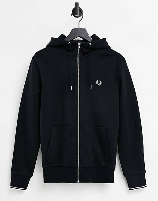 Fred Perry zip through hooded sweat in black