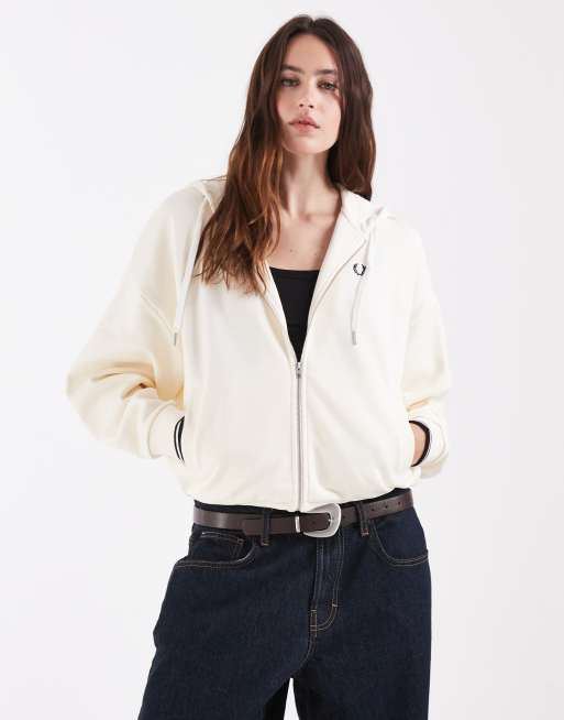 Fred Perry zip through tipped logo hoodie in ecru, 2 of 4