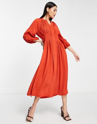 French Connection Cora pleated midi dress in red