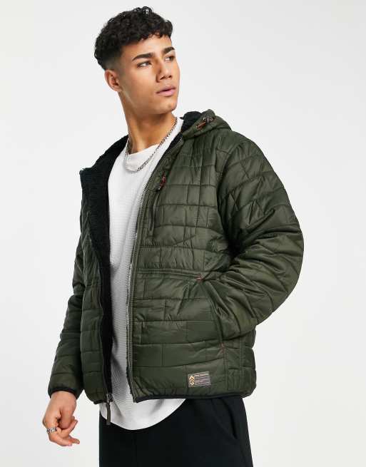 Free Country brick puffer jacket sherpa lining in dark olive | ASOS