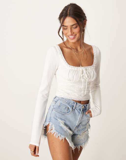 Free People - Aangerimpelde blouse met lange mouwen in ivoorwit