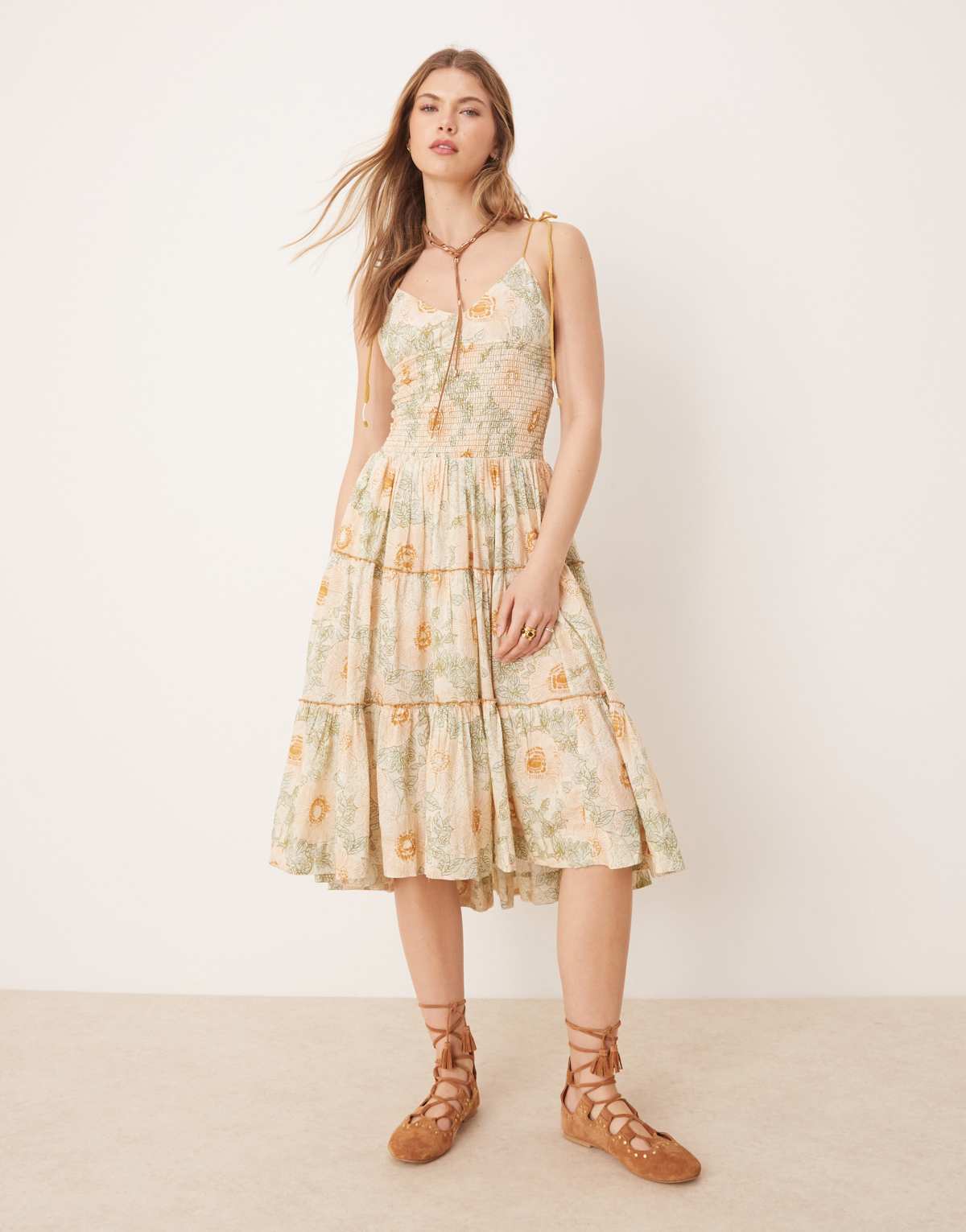 Free People adriel floral print knee length cami dress in ivory