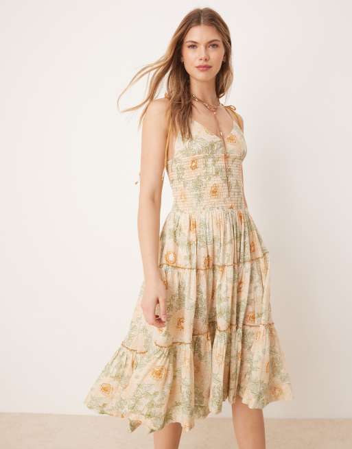 Free People Adriel floral print knee length cami dress in ivory