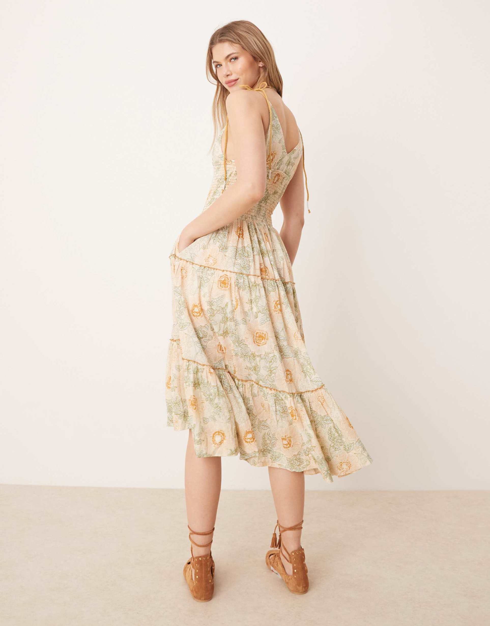 free people adriel floral print knee length cami dress in ivory