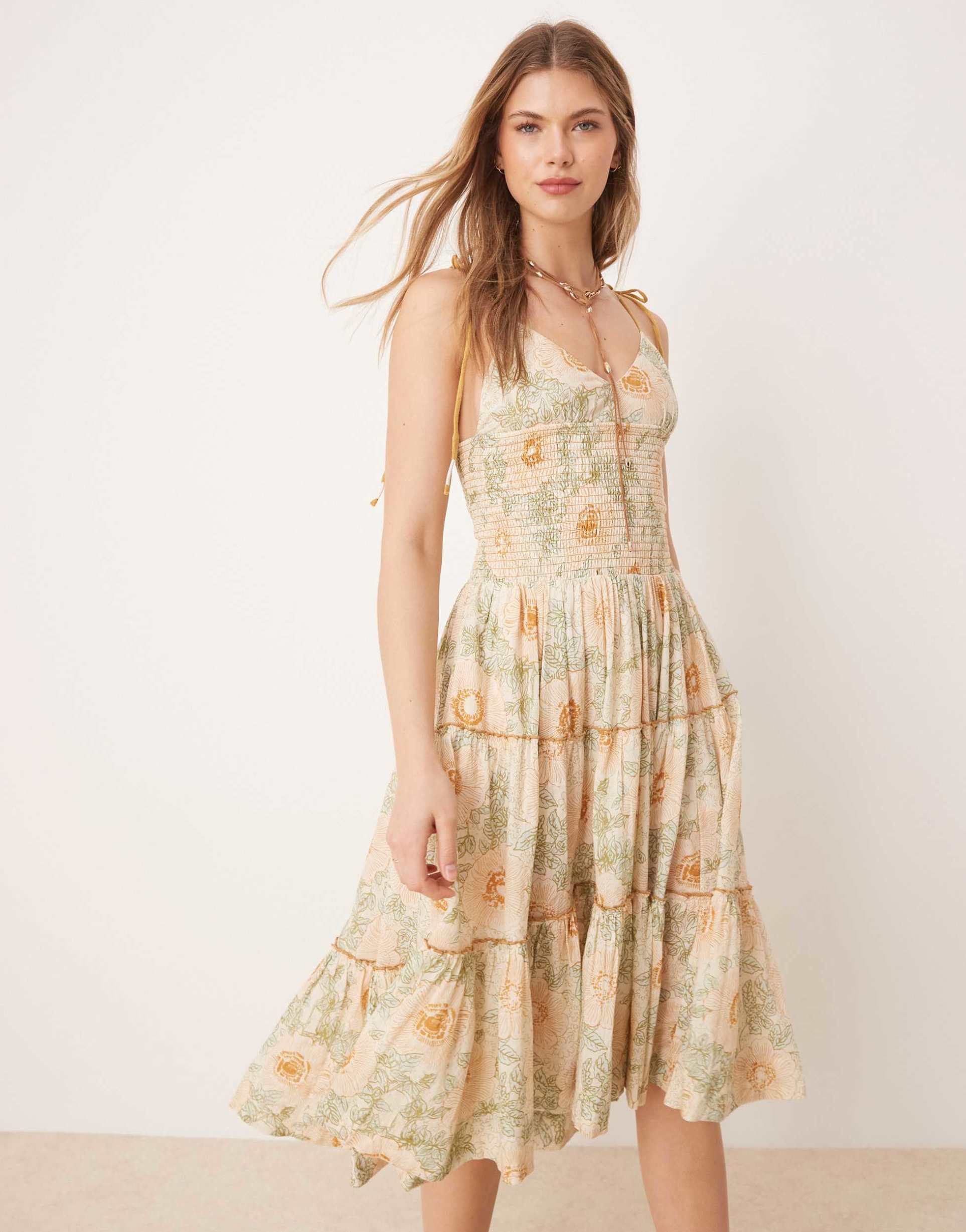 free people adriel floral print knee length cami dress in ivory