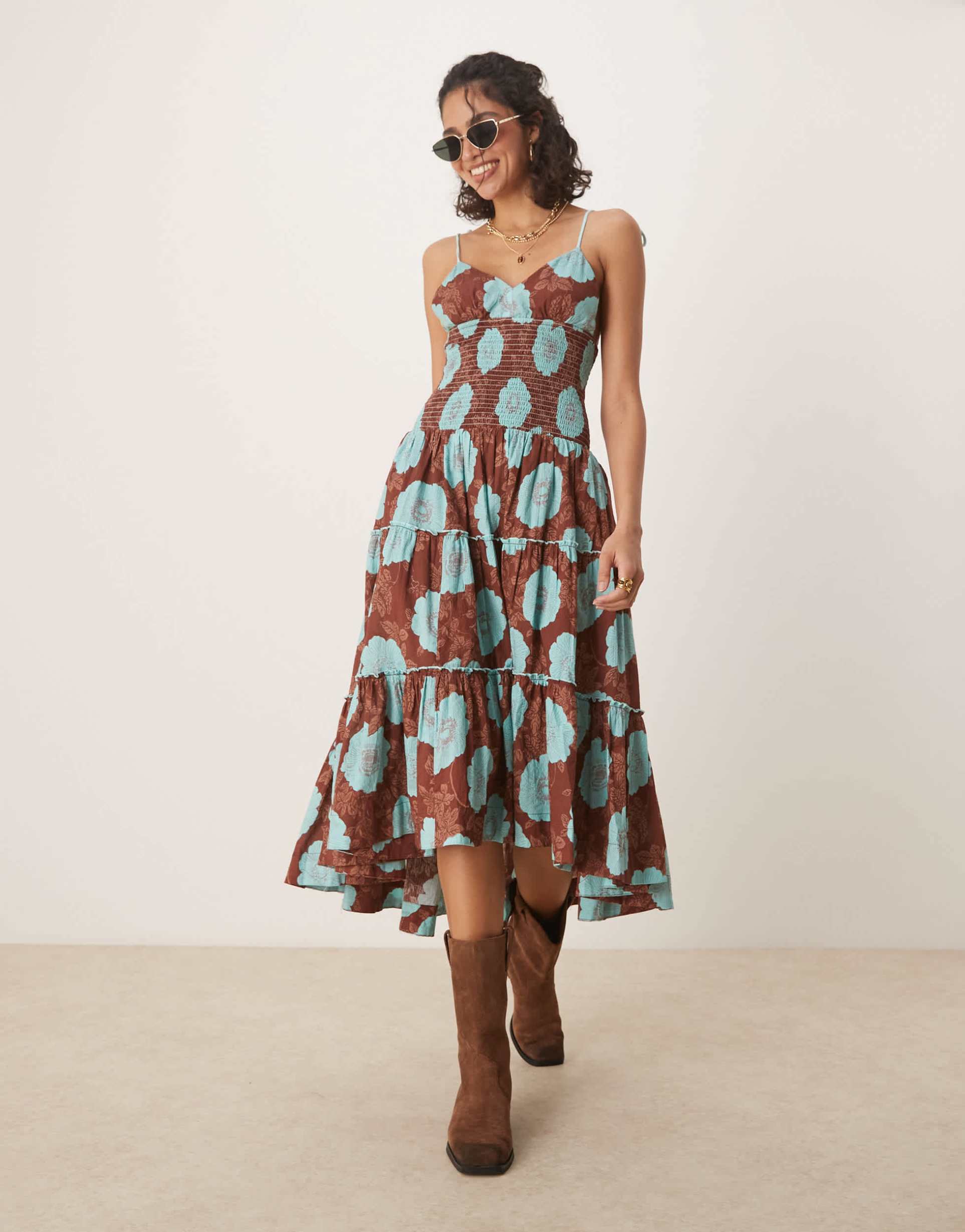 free people adriel floral print knee length cami dress in nutmeg