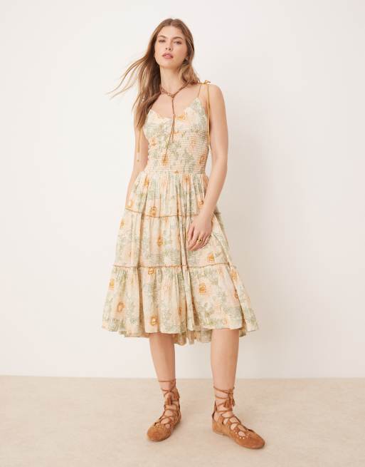 Free People - Adriel - Vestito al ginocchio con spalline sottili color avorio con stampa a fiori