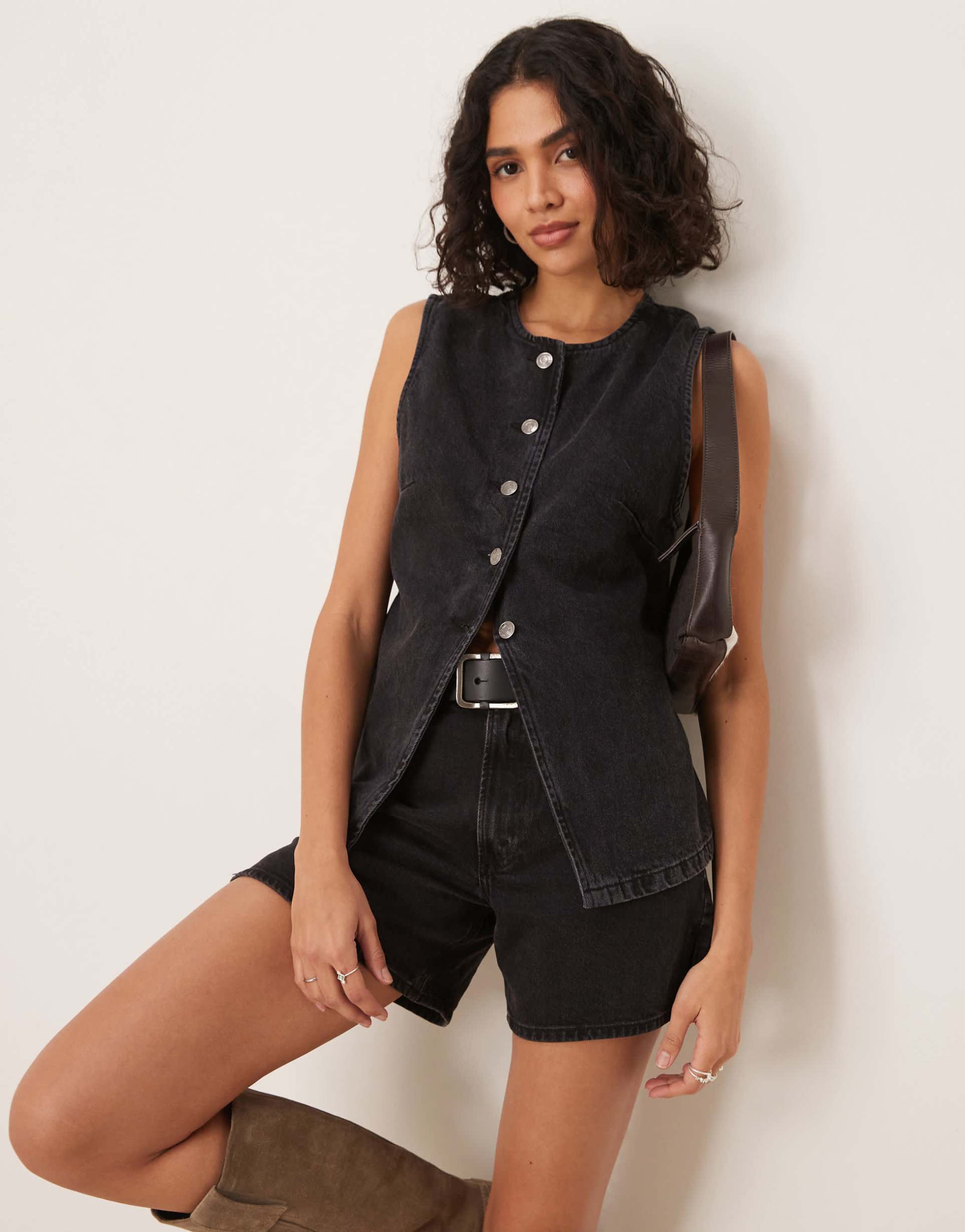 free people aimee button up denim vest in black