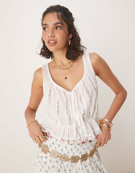 Free People - Alana - Boho tanktop met kanten inzetstuk in ivoorwit - view 1