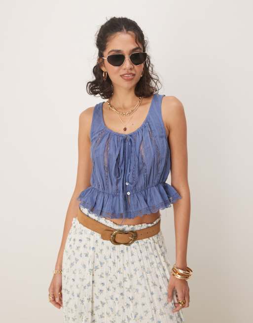 Free People alana lace insert boho tank top in blue topaz | ASOS
