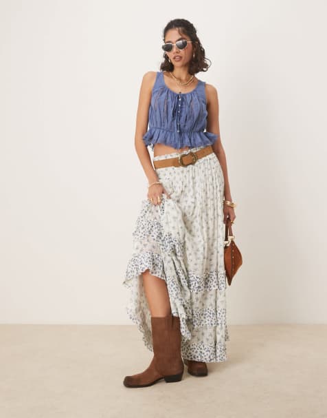 Free People alana lace insert boho tank top in blue topaz