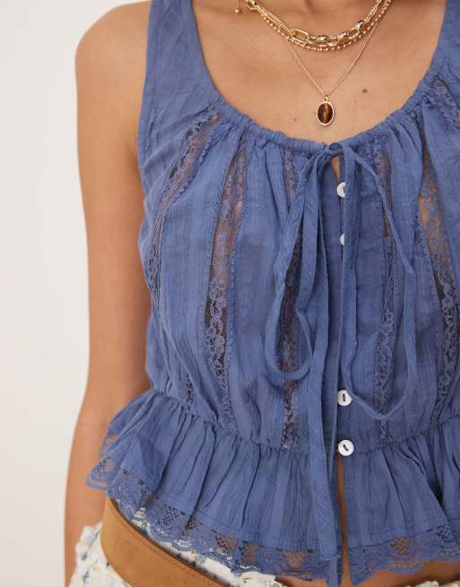 Free People alana lace insert boho tank top in blue topaz, 2 of 4