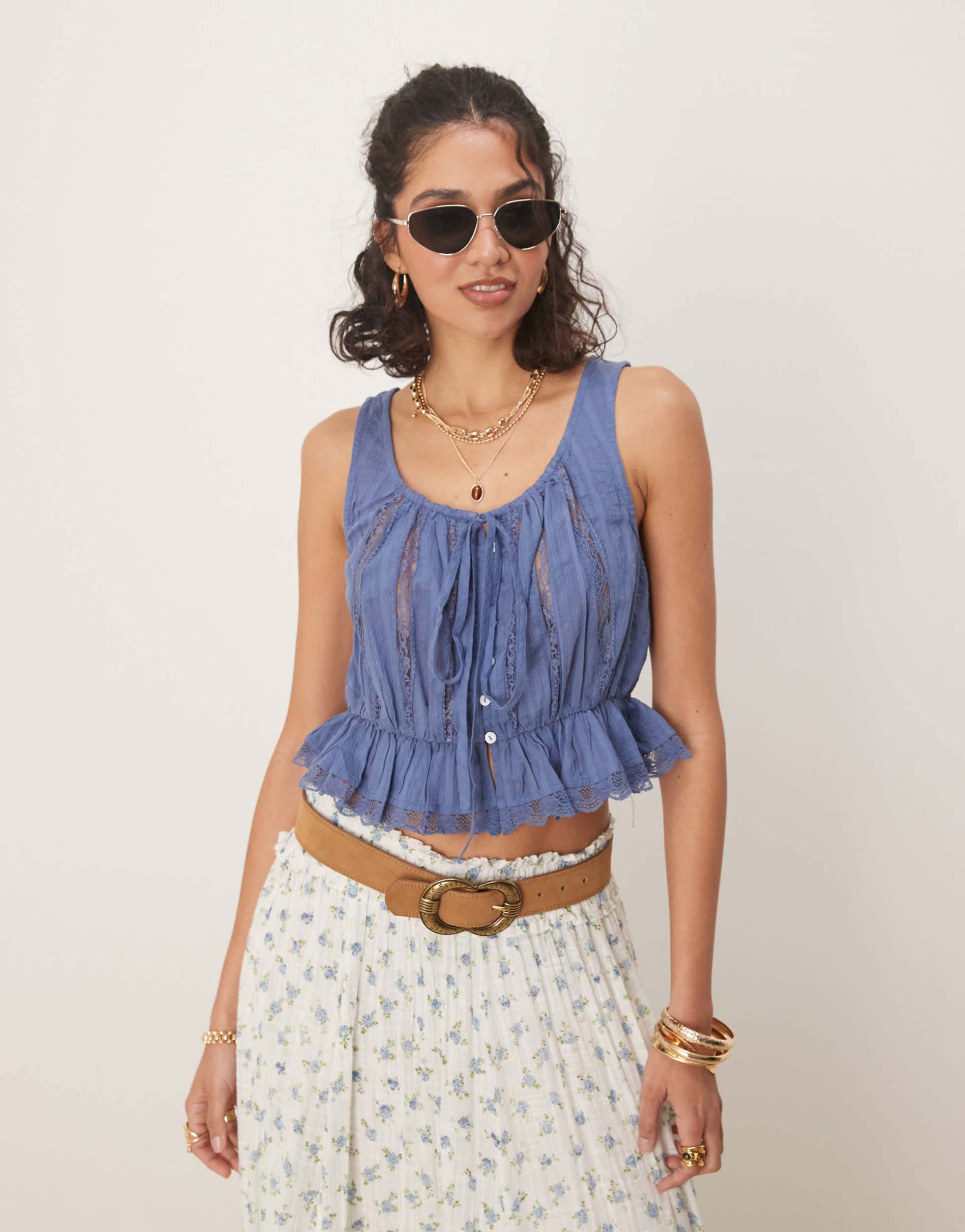 free people alana lace insert boho tank top in blue topaz