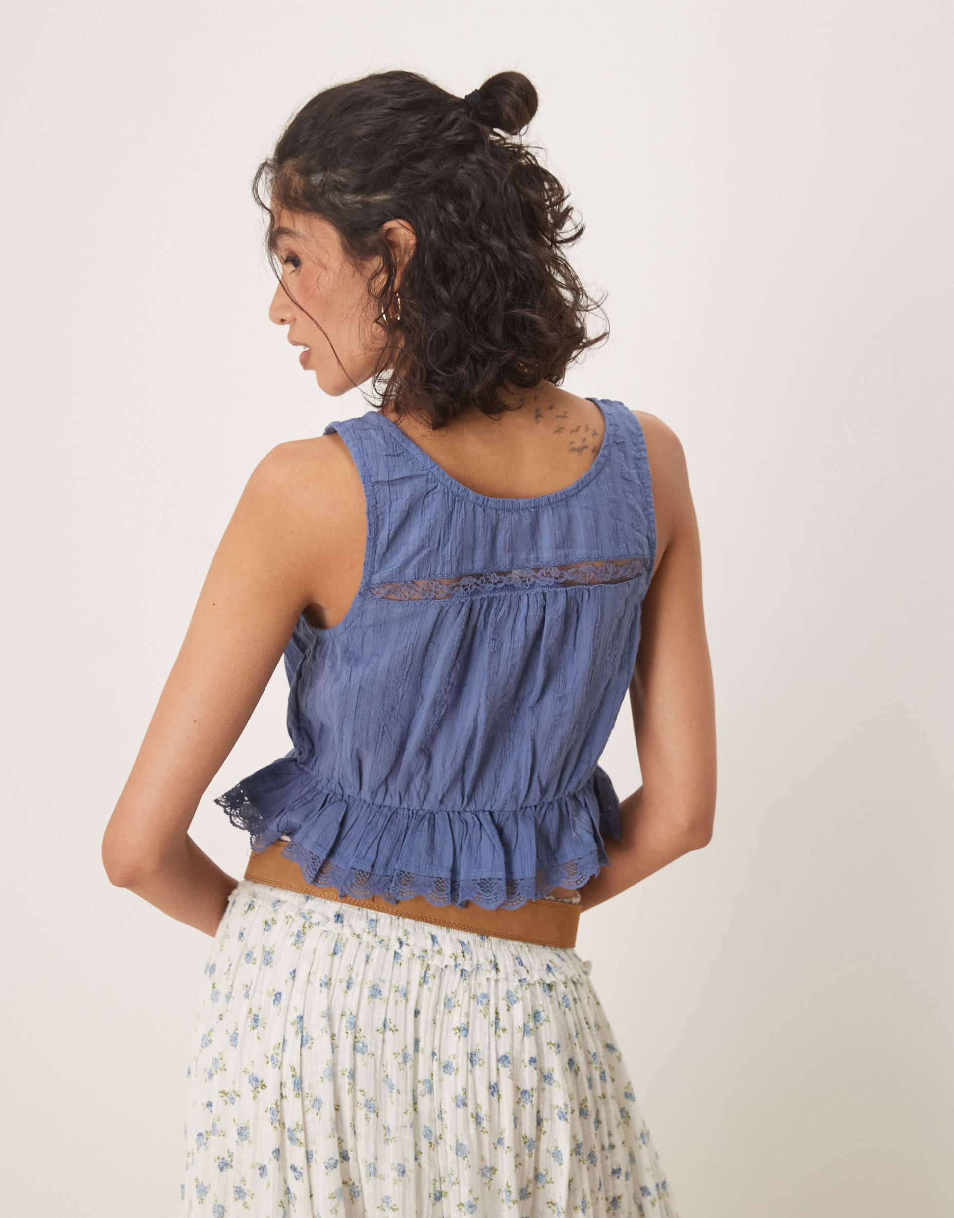 free people alana lace insert boho tank top in blue topaz