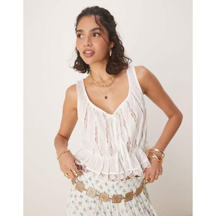 Free People alana lace inserts boho tank top in ivory | ASOS