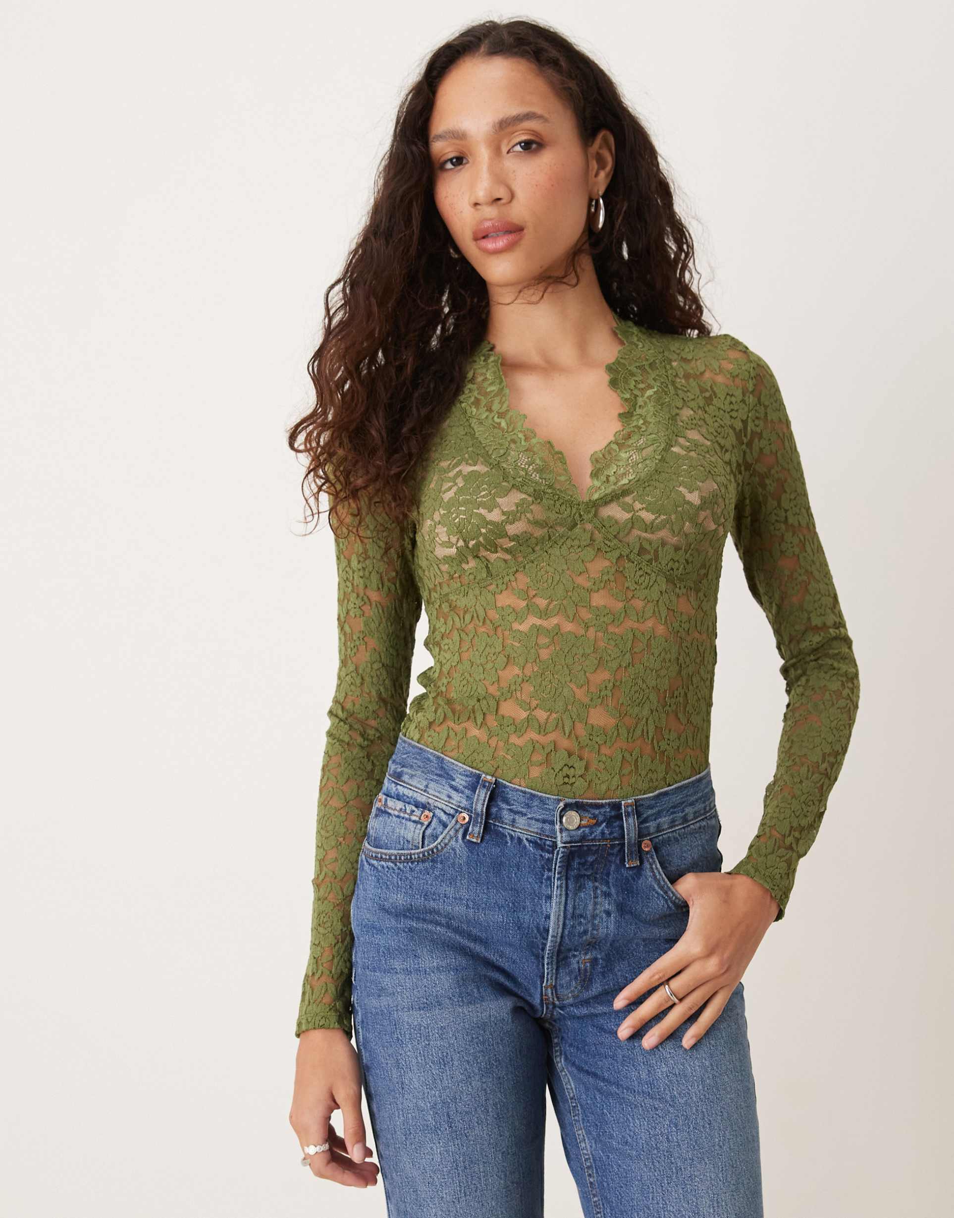 free people all day lace long sleeve top in green