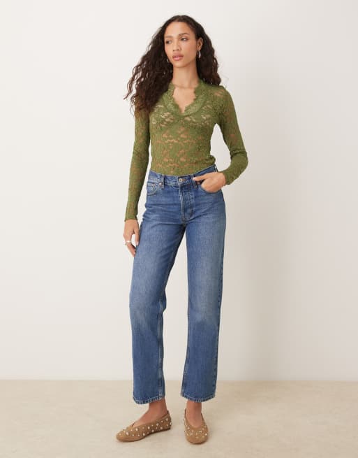Free People all day lace long sleeve top in green, 2 of 4