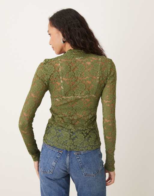 Free People all day lace long sleeve top in green, 3 of 4
