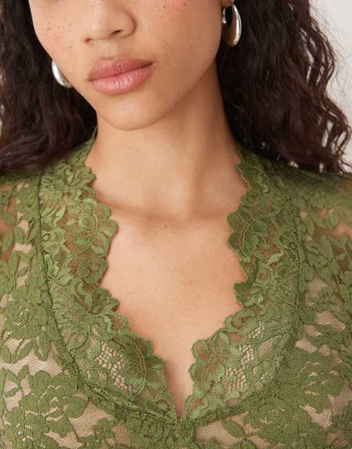 Free People all day lace long sleeve top in green, 4 of 4