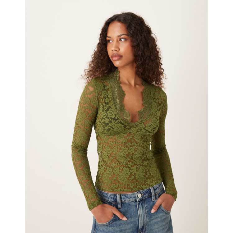 Women's Long Sleeve Lace Tunic Top - Casual Swing Blouse Dress, 95% Cotton, Plus Sizes (Green, XXL)