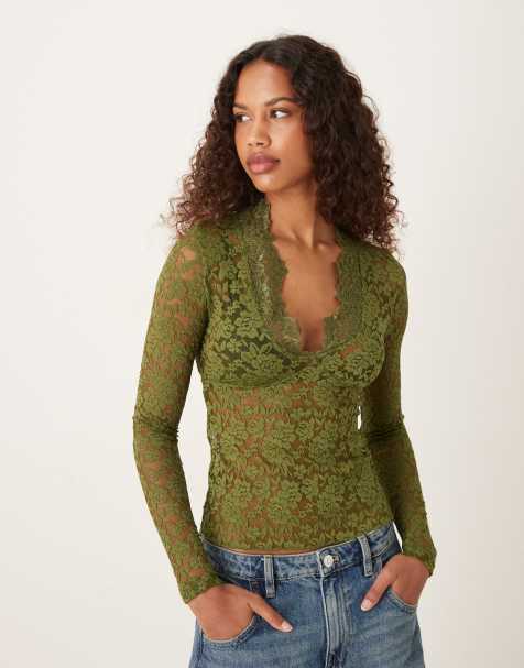 Free People all day lace long sleeve top in green