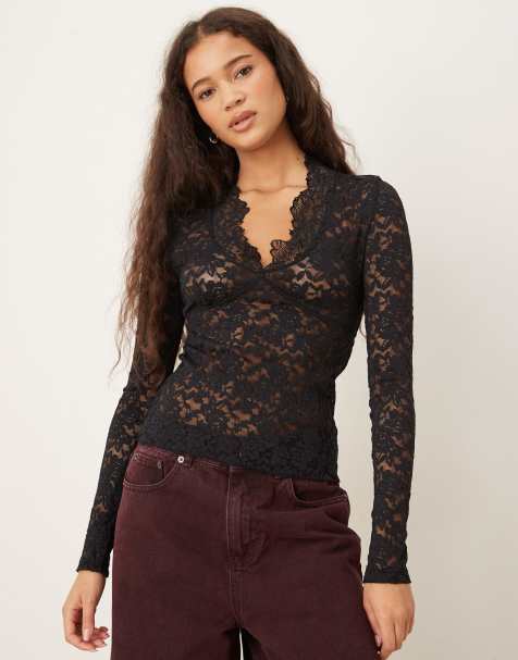 Free People - All Day - Sort langærmet overdel i blondestof - view 1