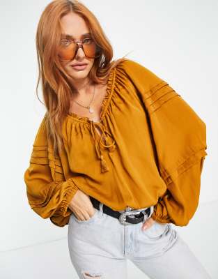 Free People All Tucks smock top bodysuit in copper - ASOS Price Checker