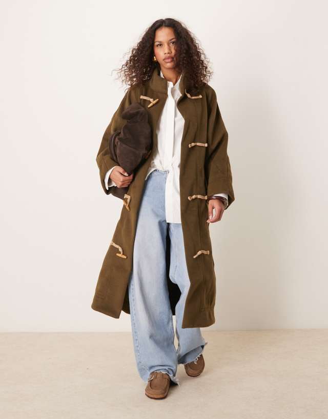 Free People alma longline duffle coat in olive | ASOS