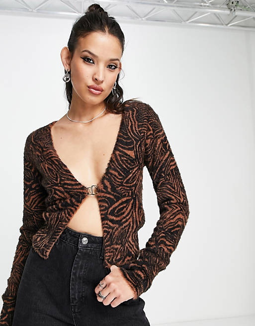 Free People animal print fluffy cropped cardigan in amber