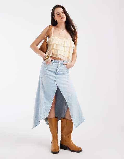 Free People aquarius split front midi skirt in blue